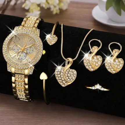 طقم ساعات نسائي فاخر 6 قطع – ساعة كوارتز أنيقة مع إكسسوارات (قلادة، أقراط، خاتم، سوار) لإطلالة أنثوية متكاملة